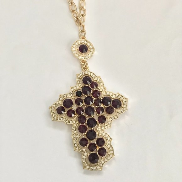 Vintage Style Cross Necklace Purple Crystals Simulated Amethyst Gold Plated 22" - Picture 10 of 14